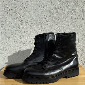 Thursday Black Leather Boots combat style lace up and side zip